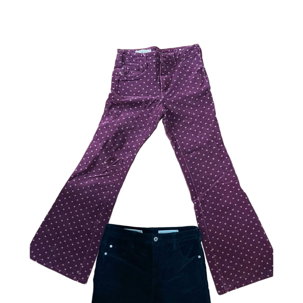 Pilcro Burgundy Flare Corduroy Jeans with Floral Polka Dot Pattern